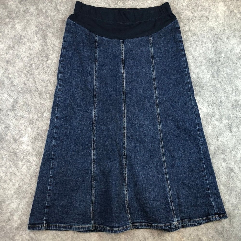Motherhood Maternity Skirt S Denim Midi Swing A Line Flare Dark Wash Knit Panel